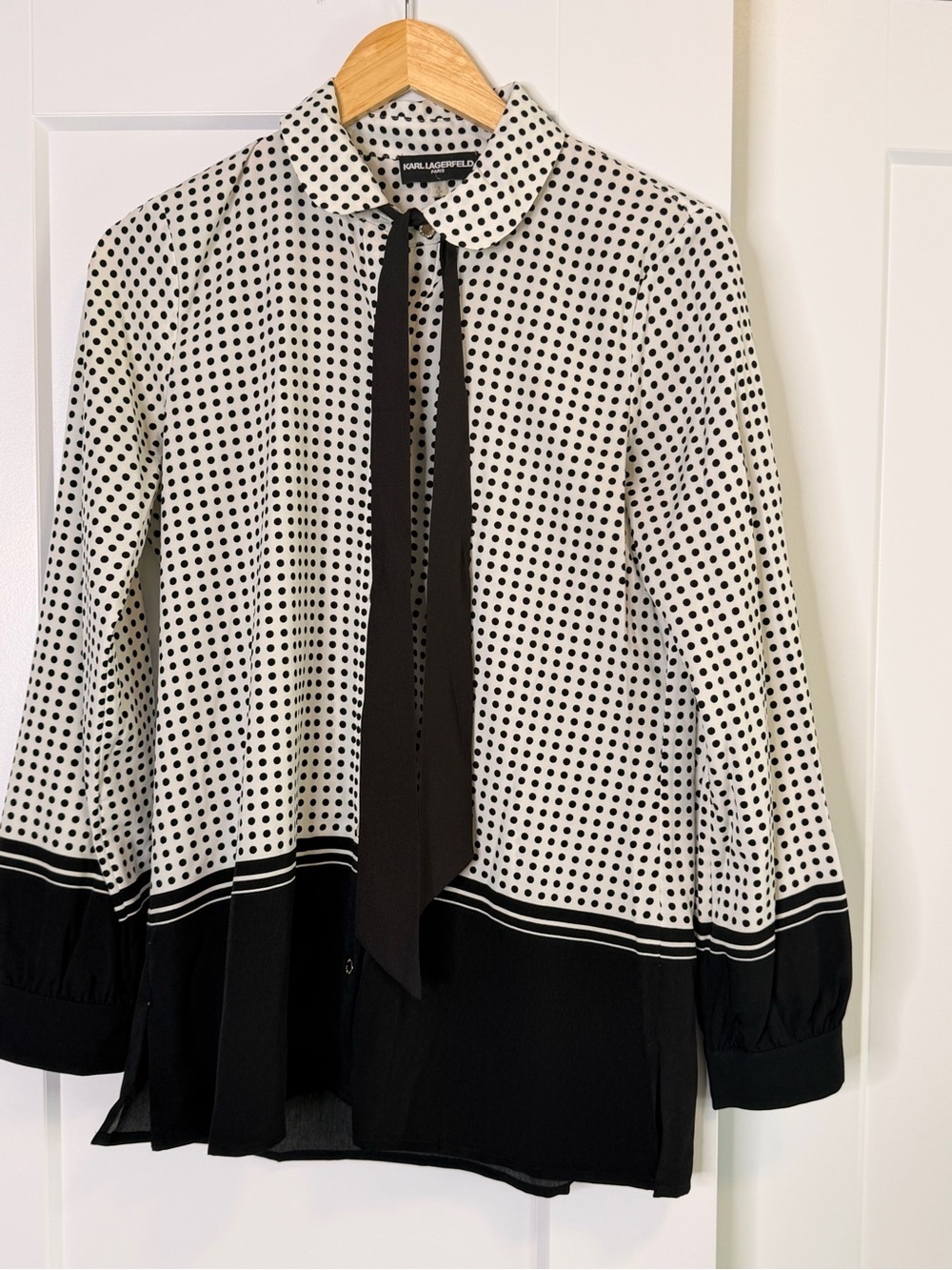 Karl Lagerfeld Black & White Polka-Dot Tie-Neck Blouse